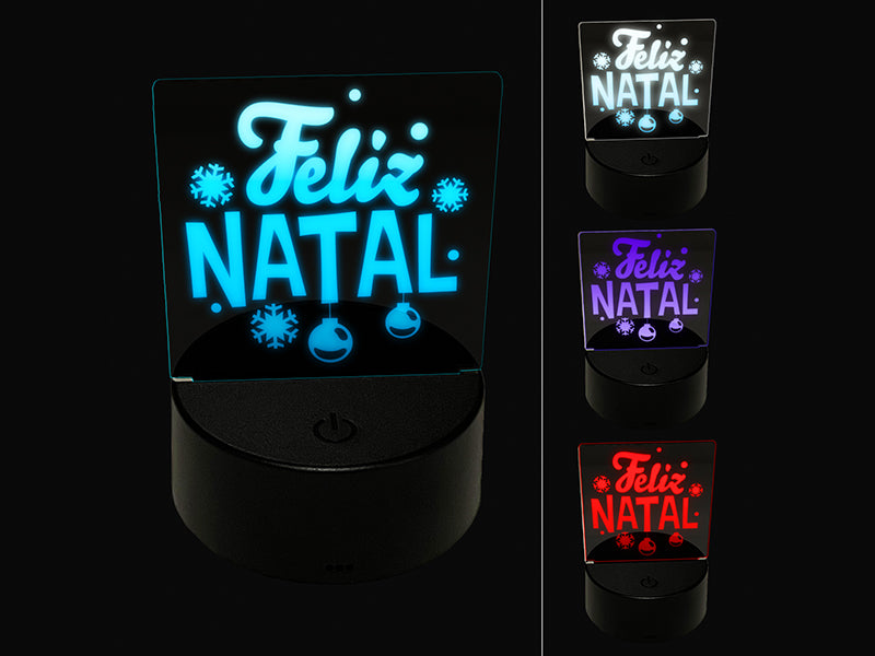 Feliz Natal Portuguese with Christmas Ornaments and Snowflakes 3D Illusion LED Night Light Sign Nightstand Desk Lamp