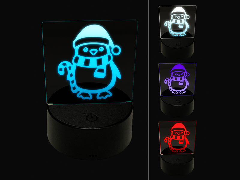 Christmas Penguin with Candy Cane 3D Illusion LED Night Light Sign Nightstand Desk Lamp