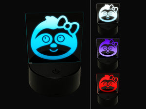 Cute Girl Sloth with Bow 3D Illusion LED Night Light Sign Nightstand Desk Lamp