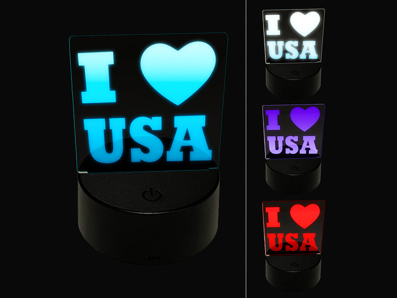 I Love Heart USA United States of America Patriotic 3D Illusion LED Night Light Sign Nightstand Desk Lamp