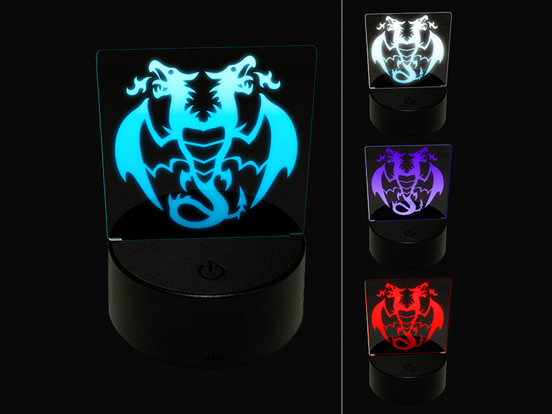 Two Headed Dragon Drake Wyvern 3D Illusion LED Night Light Sign Nightstand Desk Lamp