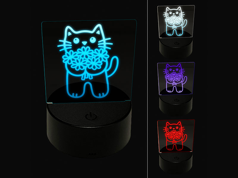 Cat Holding Flowers 3D Illusion LED Night Light Sign Nightstand Desk Lamp