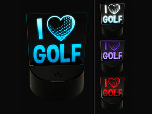 I Love Golf Heart Shaped Ball Sports 3D Illusion LED Night Light Sign Nightstand Desk Lamp