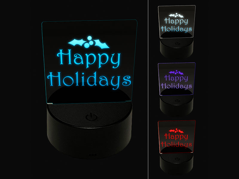 Happy Holidays Christmas Holly Festive Text 3D Illusion LED Night Light Sign Nightstand Desk Lamp