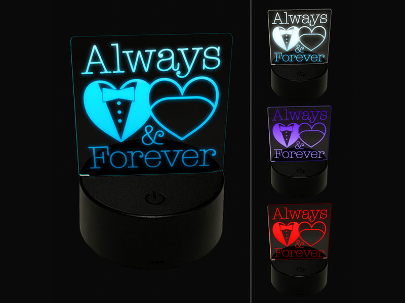Mr and Mrs Always and Forever Wedding Tuxedo Gown Hearts 3D Illusion LED Night Light Sign Nightstand Desk Lamp