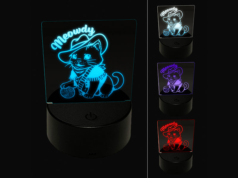 Adorable Cowboy Cat Meowdy Howdy 3D Illusion LED Night Light Sign Nightstand Desk Lamp