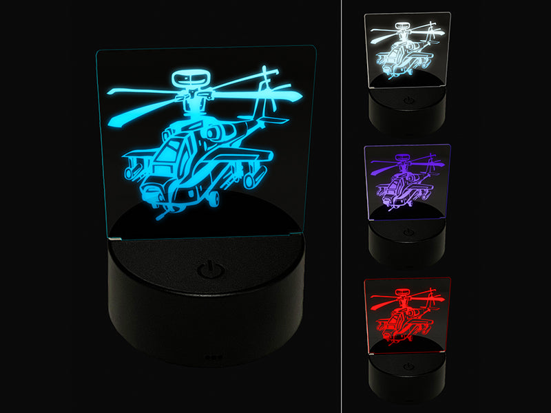 Cartoon Military Apache Attack Helicopter Chopper 3D Illusion LED Night Light Sign Nightstand Desk Lamp