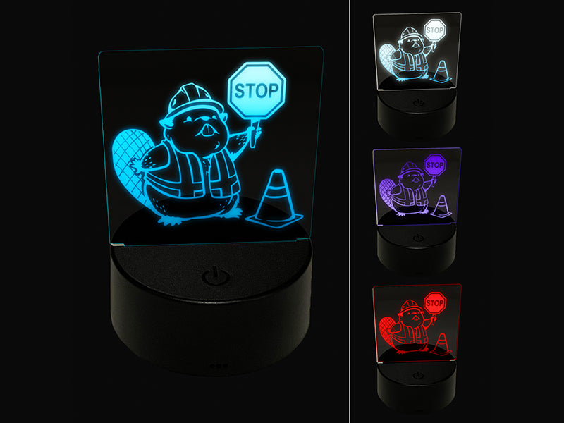 Construction Worker Beaver Builder with Stop Sign 3D Illusion LED Night Light Sign Nightstand Desk Lamp