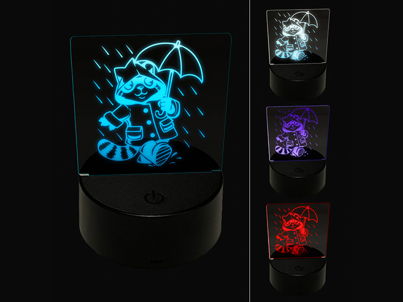 Raccoon in Raincoat Walking in the Rain 3D Illusion LED Night Light Sign Nightstand Desk Lamp
