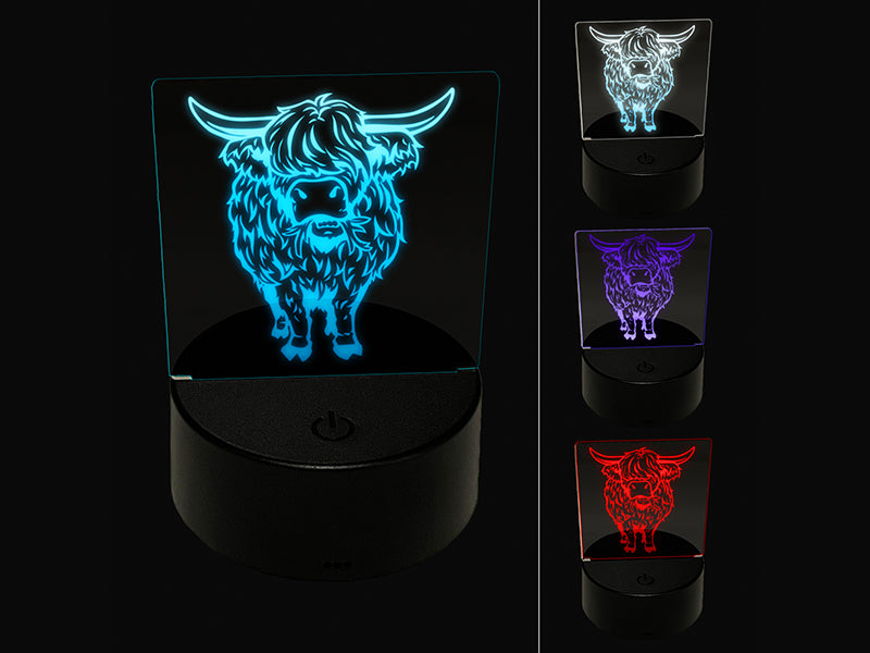 Shaggy Highland Cow Eating Grass 3D Illusion LED Night Light Sign Nightstand Desk Lamp