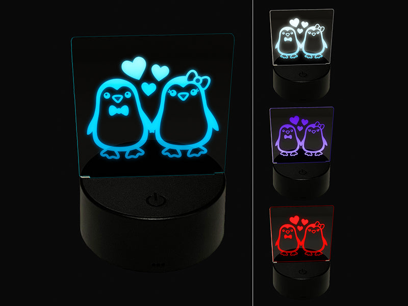 Penguin Couple in Love Anniversary 3D Illusion LED Night Light Sign Nightstand Desk Lamp
