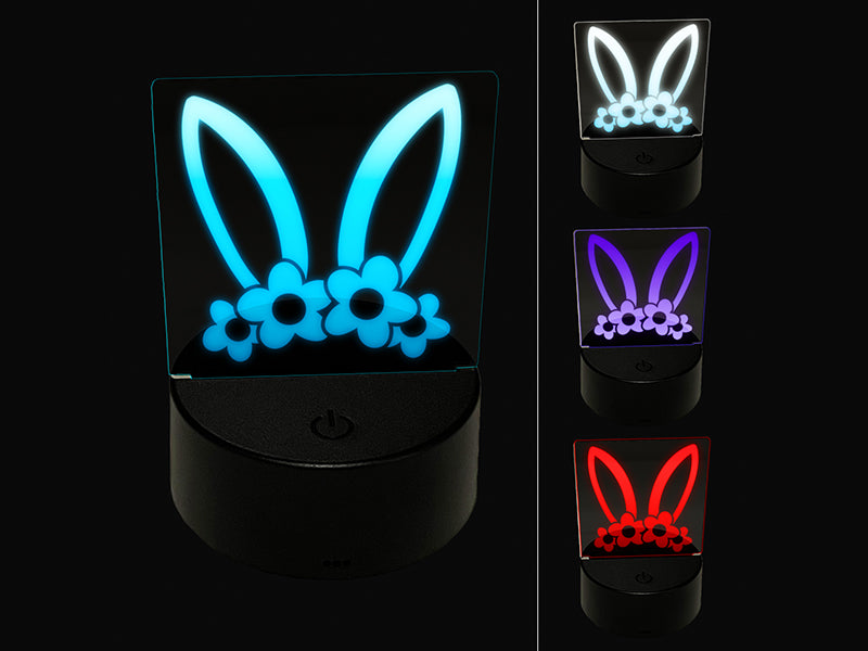Easter Bunny Ears with Flower Crown 3D Illusion LED Night Light Sign Nightstand Desk Lamp