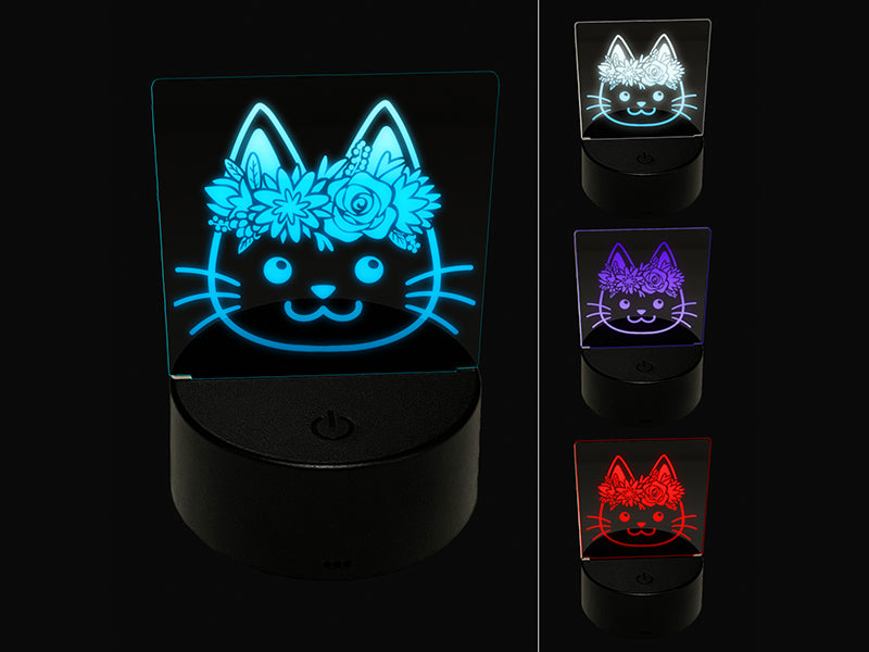 Cat Wearing a Flower Crown 3D Illusion LED Night Light Sign Nightstand Desk Lamp