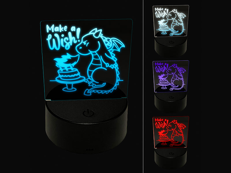 Make a Wish Dragon Trying to Blow Out Birthday Candles 3D Illusion LED Night Light Sign Nightstand Desk Lamp