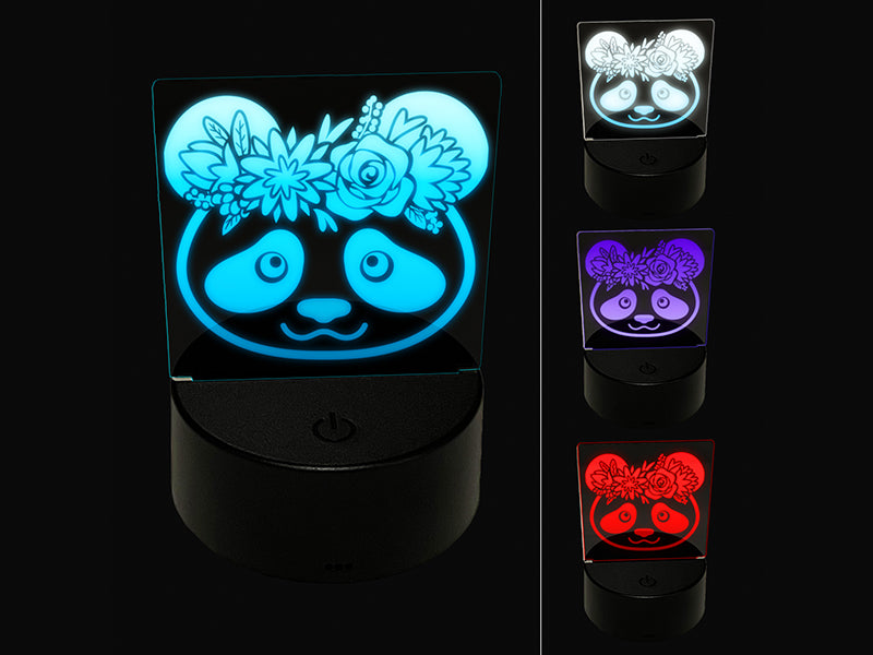 Panda Wearing a Flower Crown 3D Illusion LED Night Light Sign Nightstand Desk Lamp