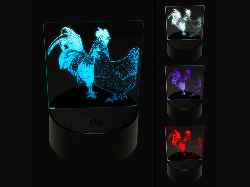Rooster and Hen Chicken Couple 3D Illusion LED Night Light Sign Nightstand Desk Lamp