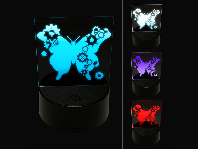 Butterfly Silhouette With Asymmetrical Steampunk Gears 3D Illusion LED Night Light Sign Nightstand Desk Lamp