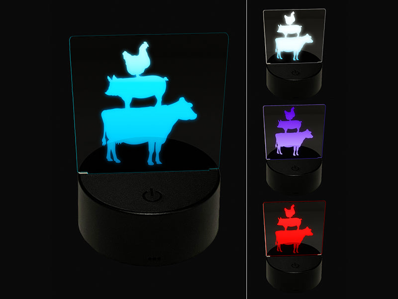 Chicken Pig Cow Stacked 3D Illusion LED Night Light Sign Nightstand Desk Lamp