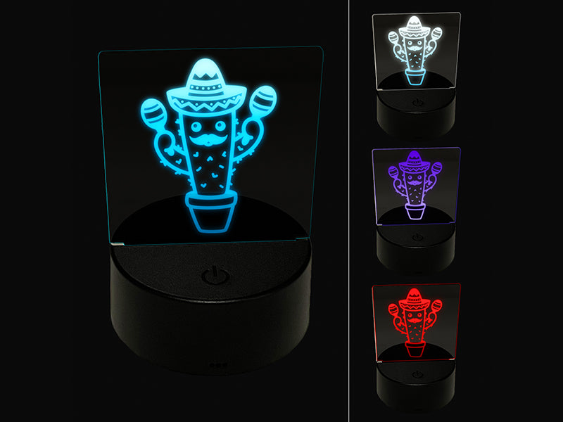Fiesta Cactus in Sombrero Cinco de Mayo 3D Illusion LED Night Light Sign Nightstand Desk Lamp
