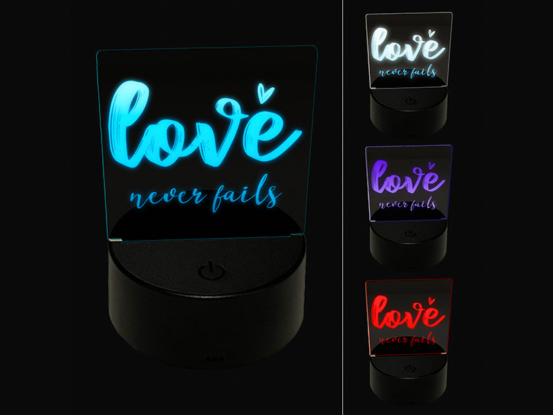 Love Never Fails Inspirational Bible Verse 3D Illusion LED Night Light Sign Nightstand Desk Lamp