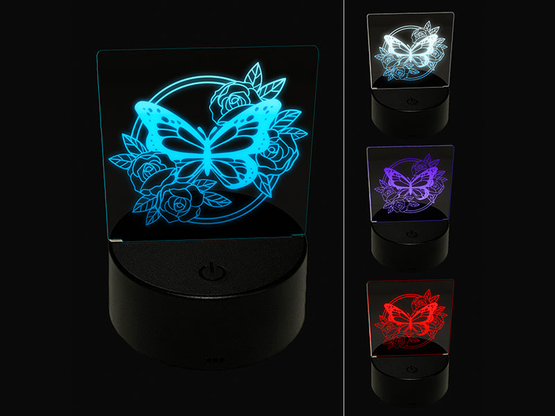 Monarch Butterfly with Roses in Circle Frame 3D Illusion LED Night Light Sign Nightstand Desk Lamp