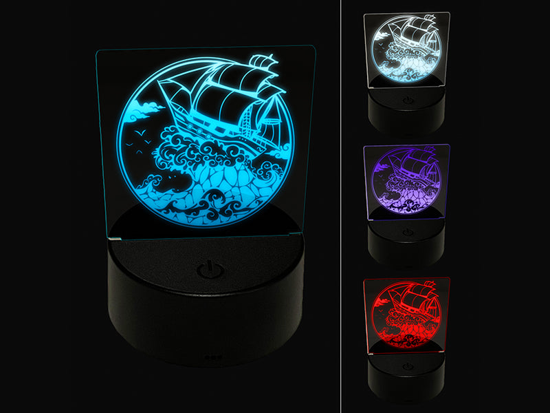 Fantasy Ship on Large Ocean Wave 3D Illusion LED Night Light Sign Nightstand Desk Lamp