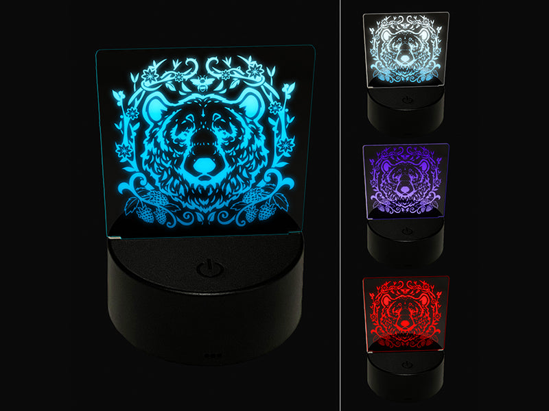 Floral Black Bear Head with Flowers and Blackberries 3D Illusion LED Night Light Sign Nightstand Desk Lamp