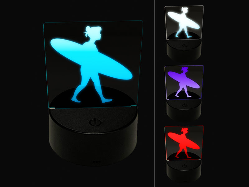 Surfer Woman with Surfboard Walking 3D Illusion LED Night Light Sign Nightstand Desk Lamp