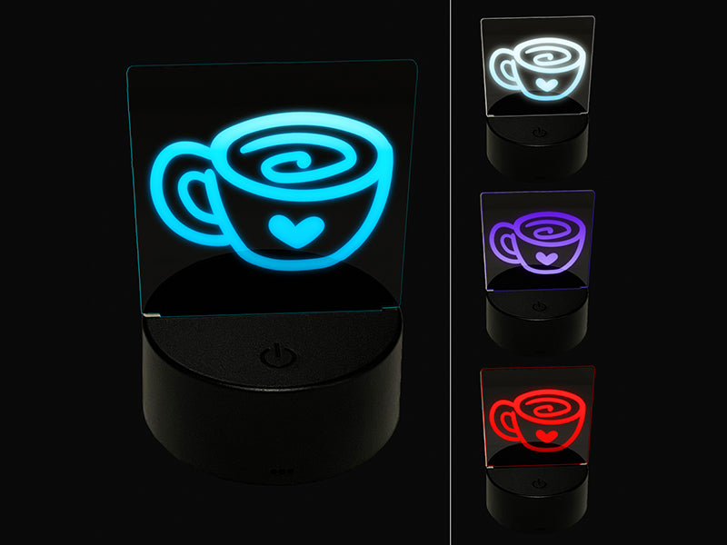 Swirly Latte Coffee Mug with Heart 3D Illusion LED Night Light Sign Nightstand Desk Lamp