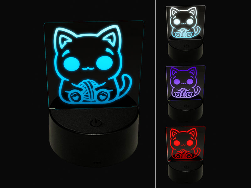 Content Kawaii Chibi Sitting Cat with Ball of Yarn 3D Illusion LED Night Light Sign Nightstand Desk Lamp