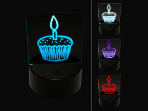 Sprinkled Birthday Cupcake with Candle 3D Illusion LED Night Light Sign Nightstand Desk Lamp