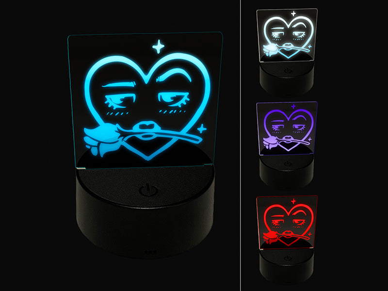 Flirty Heart Face with Rose in Teeth Mouth 3D Illusion LED Night Light Sign Nightstand Desk Lamp