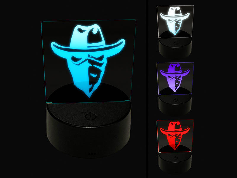 Masked Cowboy Bandit Highwayman with Hat and Bandana 3D Illusion LED Night Light Sign Nightstand Desk Lamp