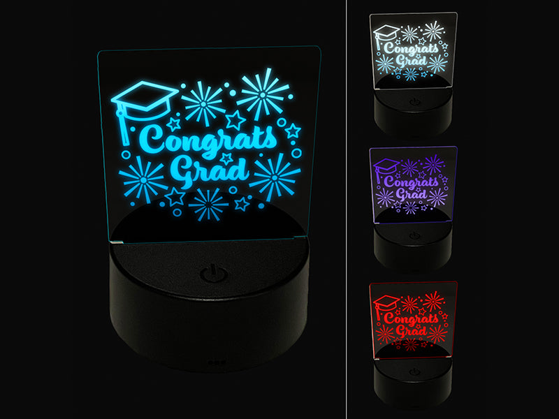 Congrats Grad Graduate Graduation Cap Fireworks Stars 3D Illusion LED Night Light Sign Nightstand Desk Lamp