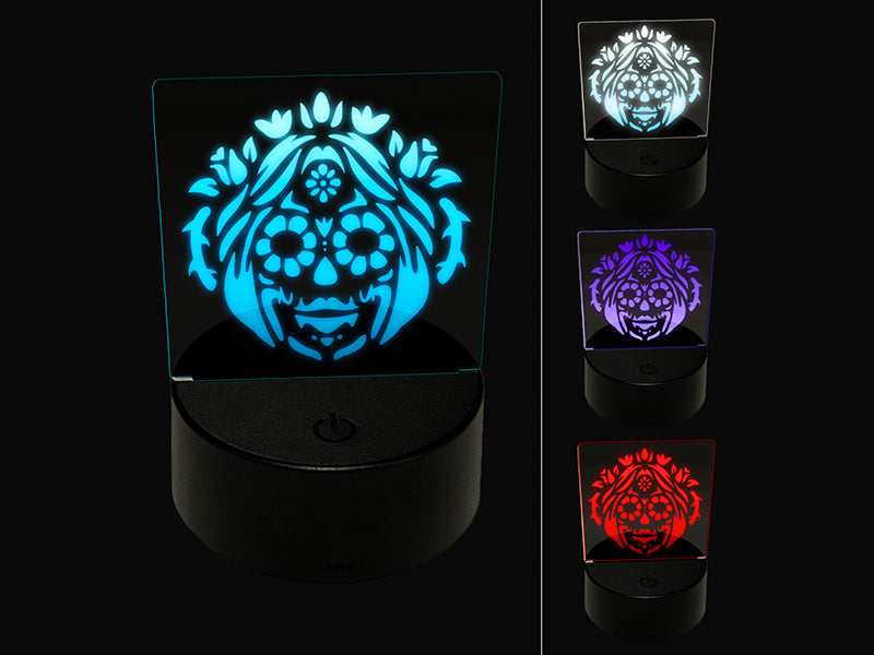 Dia De Los Muertos Woman Mexican Sugar Skull with Flowers 3D Illusion LED Night Light Sign Nightstand Desk Lamp