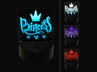 Princess Cursive with Crown and Hearts 3D Illusion LED Night Light Sign Nightstand Desk Lamp