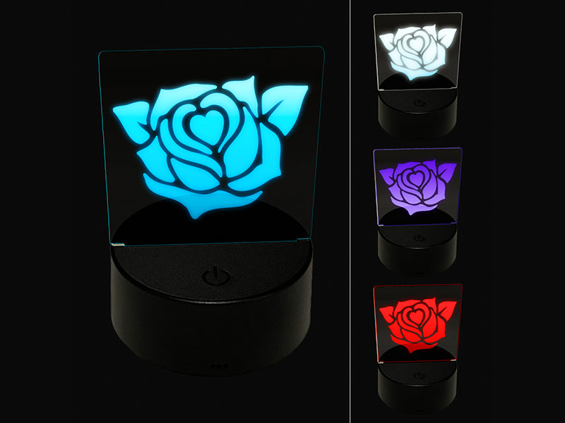 Rose Heart Center 3D Illusion LED Night Light Sign Nightstand Desk Lamp