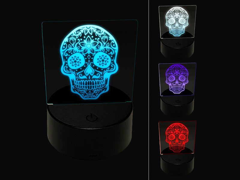 Dia De Los Muertos Mexican Sugar Skull Flowers Day of the Dead 3D Illusion LED Night Light Sign Nightstand Desk Lamp
