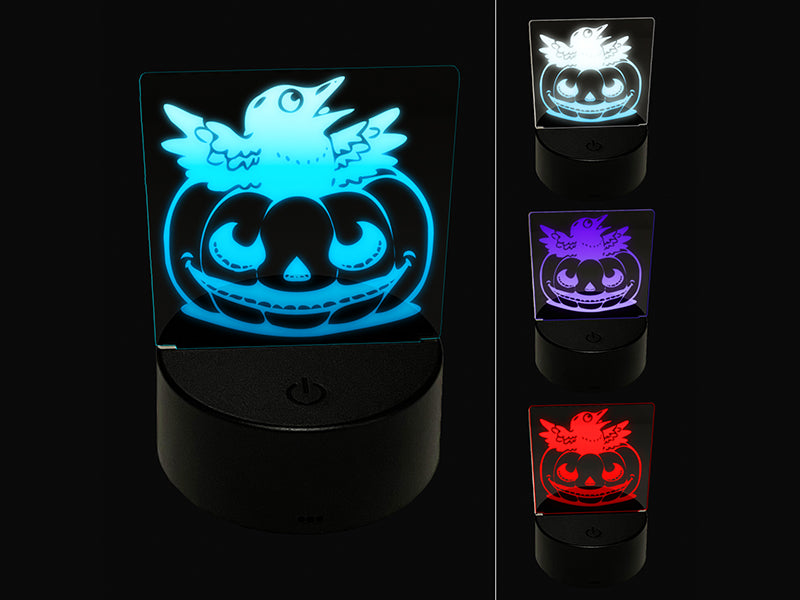 Little Raven Crow in Jack-O'-Lantern Pumpkin Halloween 3D Illusion LED Night Light Sign Nightstand Desk Lamp