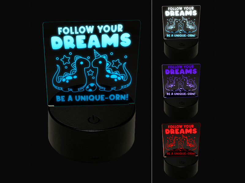 Follow Your Dreams Be A Unique-orn Dinosaur Unicorn Dinocorn 3D Illusion LED Night Light Sign Nightstand Desk Lamp
