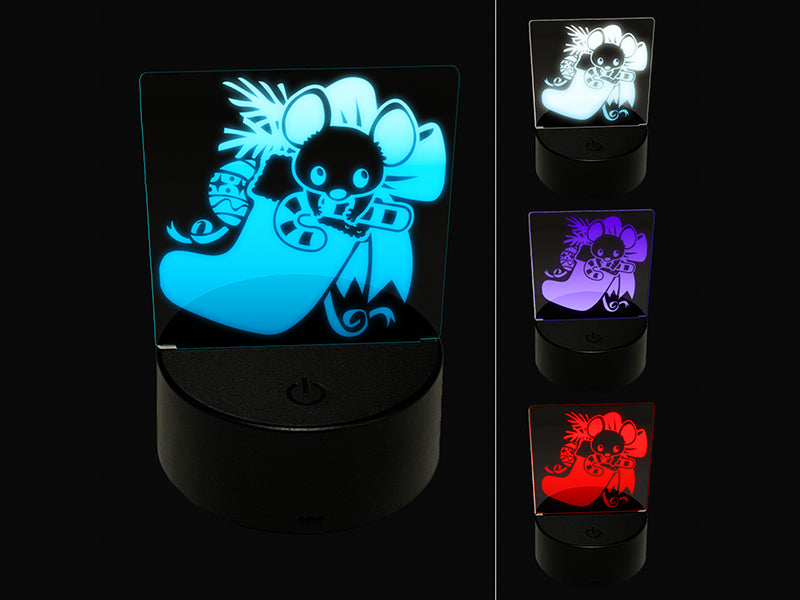 Christmas Mouse In Stocking with Candy Cane 3D Illusion LED Night Light Sign Nightstand Desk Lamp