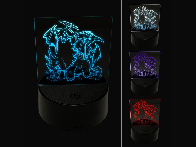 Dinosaur Buddies Triceratops and Pteranodons 3D Illusion LED Night Light Sign Nightstand Desk Lamp