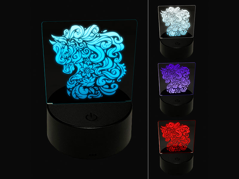 Floral Horse with Flowing Mane Swirls 3D Illusion LED Night Light Sign Nightstand Desk Lamp