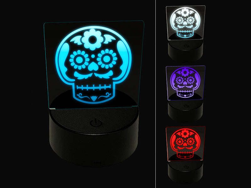 Mustache Floral Sugar Skull Dia De Los Muertos 3D Illusion LED Night Light Sign Nightstand Desk Lamp