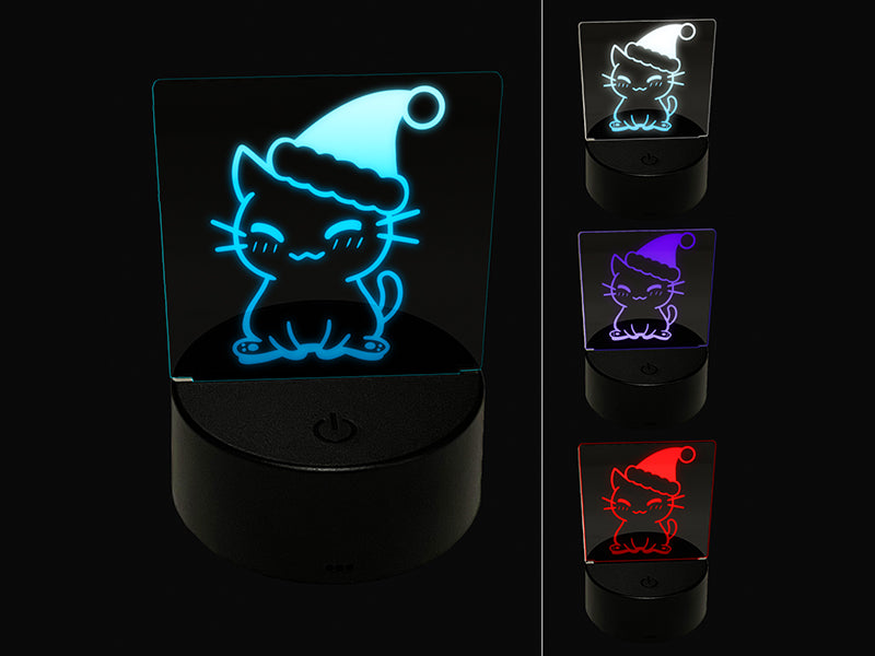 Christmas Sitting Cat Santa Hat 3D Illusion LED Night Light Sign Nightstand Desk Lamp