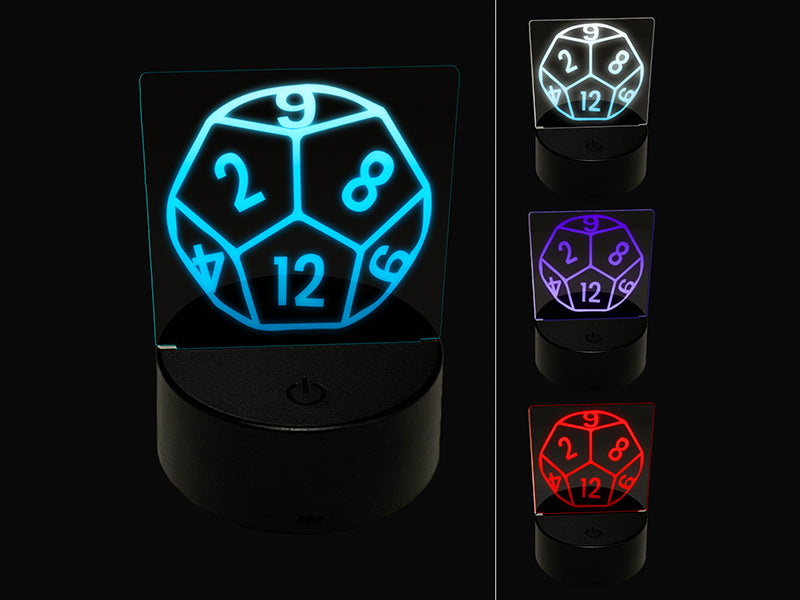 D12 12 Sided Gaming Gamer Dice Critical Role 3D Illusion LED Night Light Sign Nightstand Desk Lamp