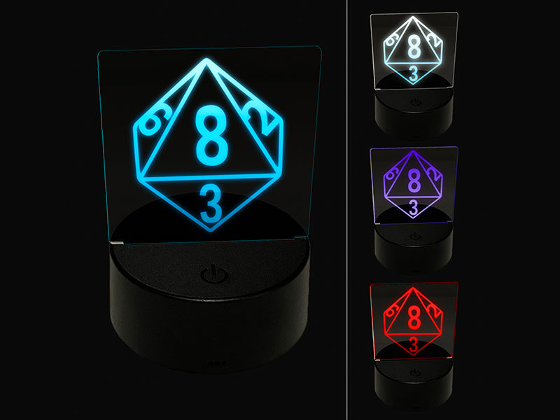 D8 8 Sided Gaming Gamer Dice Critical Role 3D Illusion LED Night Light Sign Nightstand Desk Lamp
