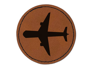 Airplane Solid Vacation Round Iron-On Engraved Faux Leather Patch Applique - 2.5"