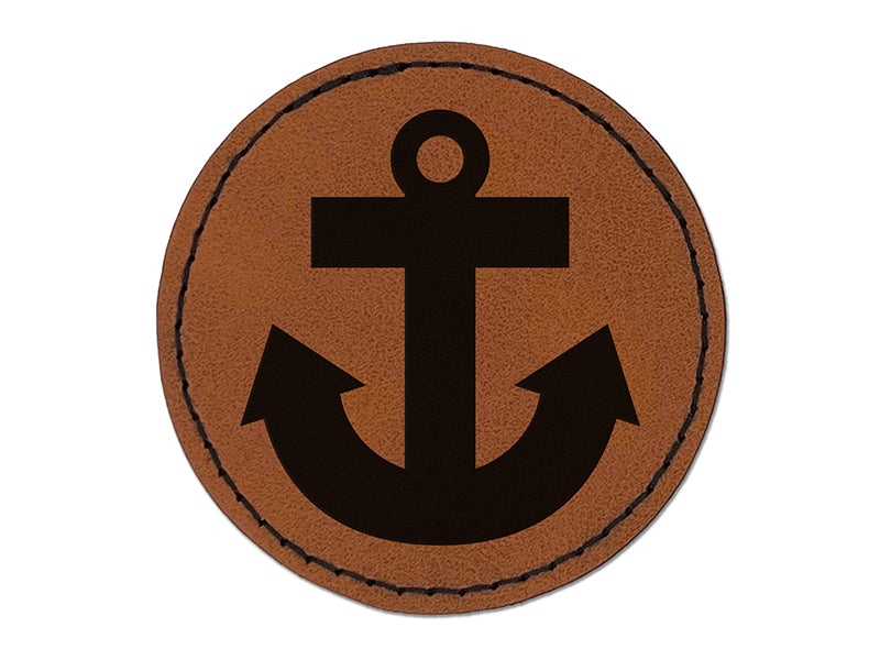 Boat Anchor Nautical Round Iron-On Engraved Faux Leather Patch Applique - 2.5"