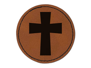 Cross Angled Christian Church Religion Round Iron-On Engraved Faux Leather Patch Applique - 2.5"